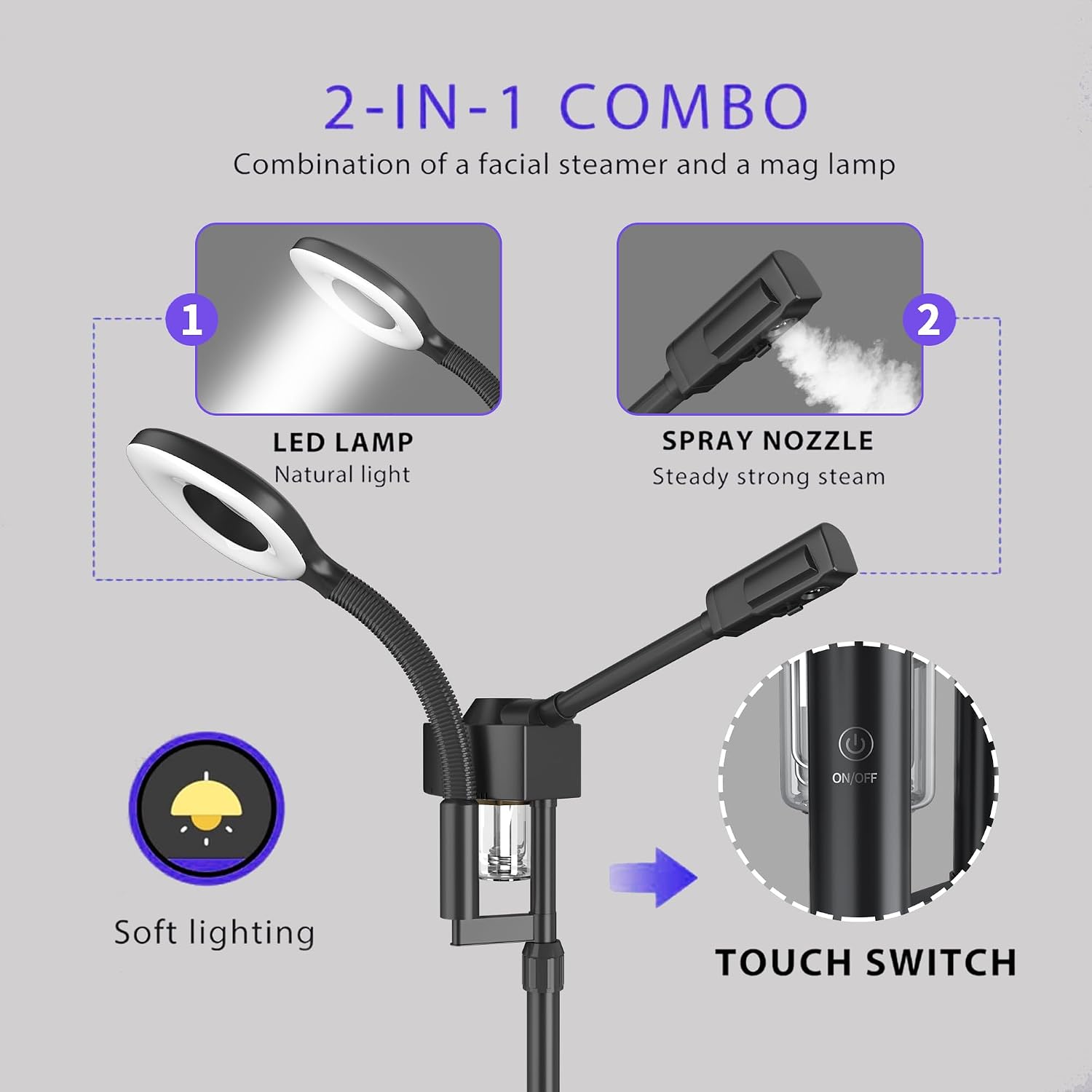 Professional Facial Steamer with Ozone & Magnifying Lamp | 2-in-1 Hot Steam for Salon Home Spa,Face Esthetician Steamer.