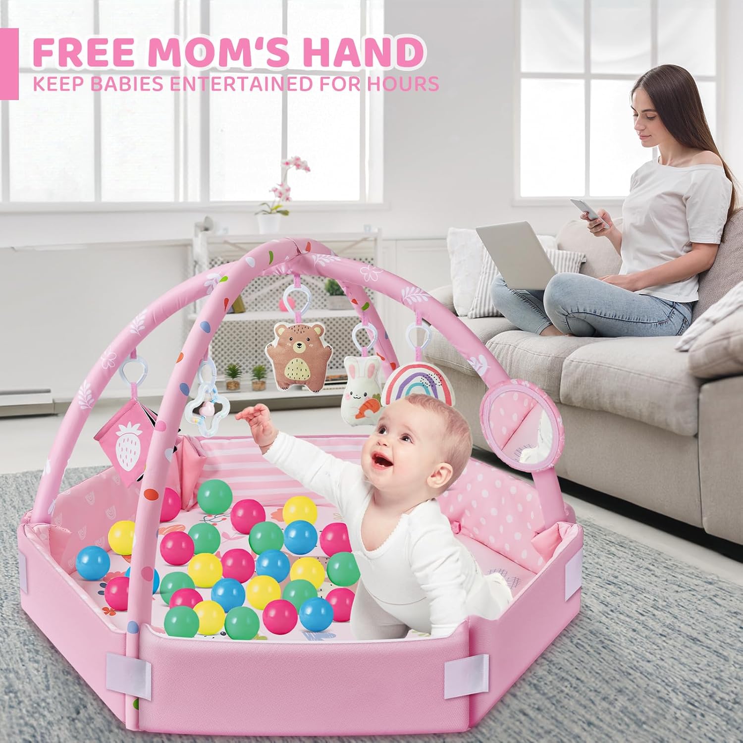 Baby Gym Play Mat, 8-in-1 Tummy Time Mat & Ball Pit with 6 Toys, Washable Baby Activity Mat for Visual, Hearing