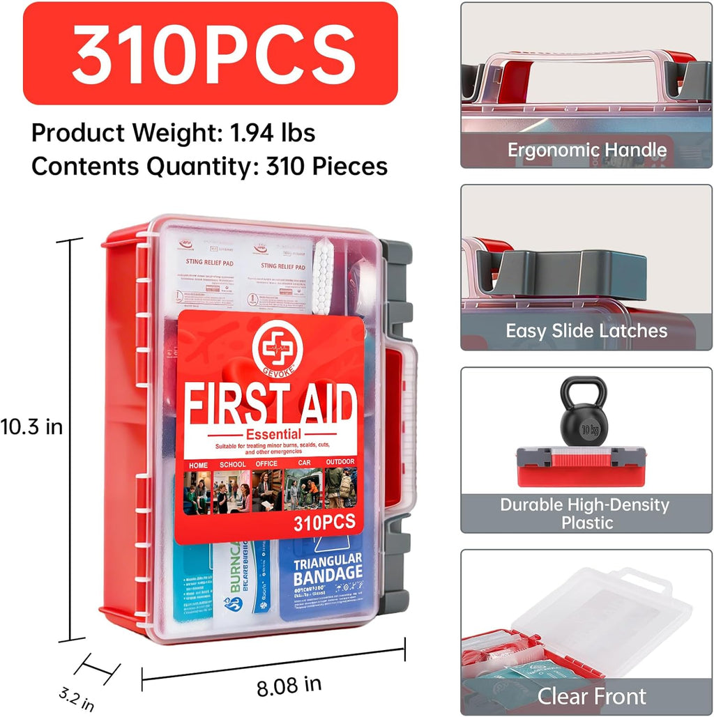Professional First Aid Kit - 310 Piece HardCase Medical Kit for Home, Car, Camping, Travel, Hiking, Truck, Office