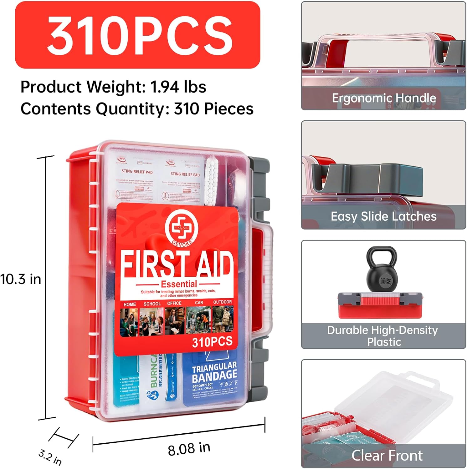 Professional First Aid Kit - 310 Piece HardCase Medical Kit for Home, Car, Camping, Travel, Hiking, Truck, Office