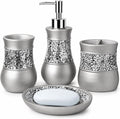 4 Pc. Resin Bathroom Accessory Set | Silver Crackled Glass | Includes Soap Dispenser, Toothbrush Holder, Tumbler Cup