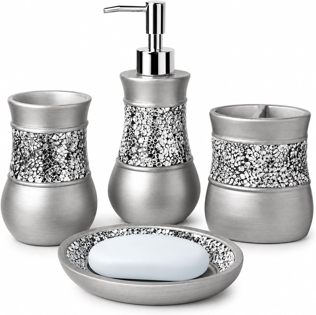4 Pc. Resin Bathroom Accessory Set | Silver Crackled Glass | Includes Soap Dispenser, Toothbrush Holder, Tumbler Cup