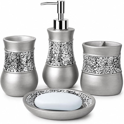 4 Pc. Resin Bathroom Accessory Set | Silver Crackled Glass | Includes Soap Dispenser, Toothbrush Holder, Tumbler Cup