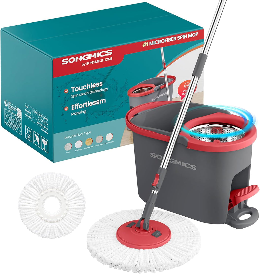 Spin Mop and Bucket Set with Pedal Wringer, Floor Cleaning Mop, Adjustable Telescopic Handle, Max. 59.1-Inch Length
