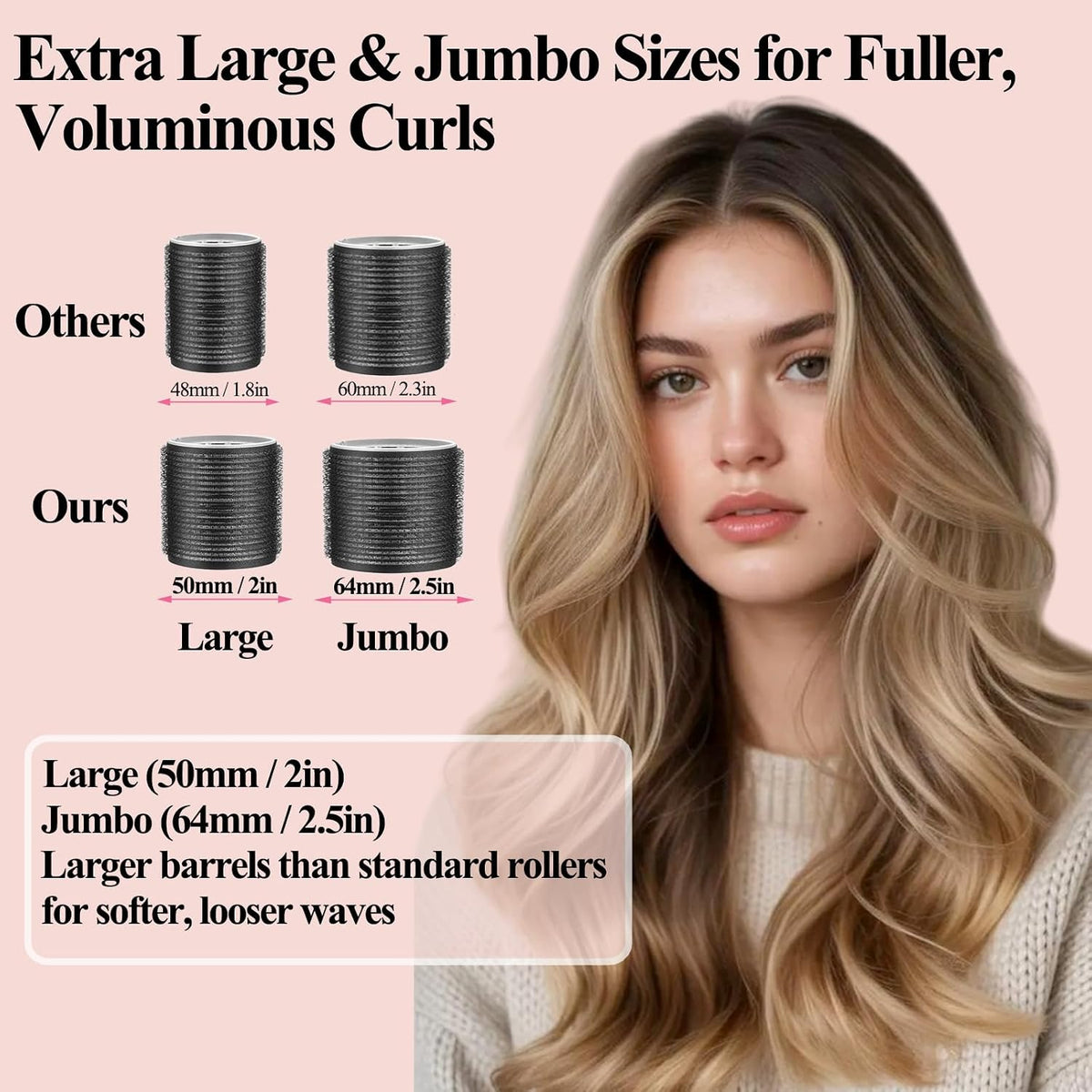 Self Grip Hair Rollers Set, 24 Piece Heatless Curlers with Clips, 4 Sizes Jumbo Rollers (2.5", 2", 1.5", 1") for