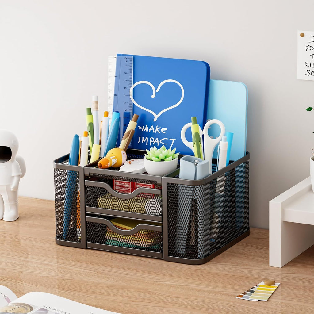 Mesh Desk Organizer, Pen Organizer with 2 Drawer, Multi-Functional Pencil Holder, Desk Organizers and Accessories