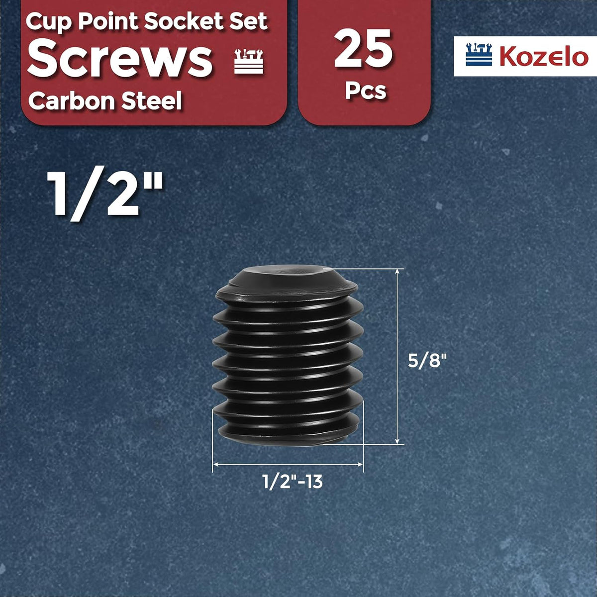 25Pcs Cup Point Socket Set Screws-1/2-13x5/8 Carbon Steel