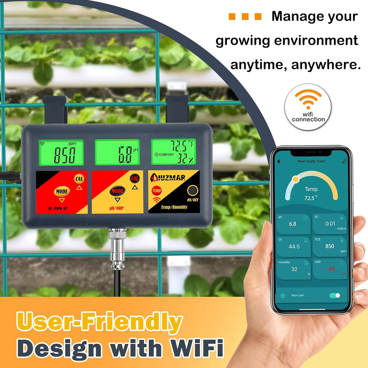 UIUZMAR pH EC Meter for Hydroponics 7 in 1 pH EC PPM CF ORP Temp Humidity