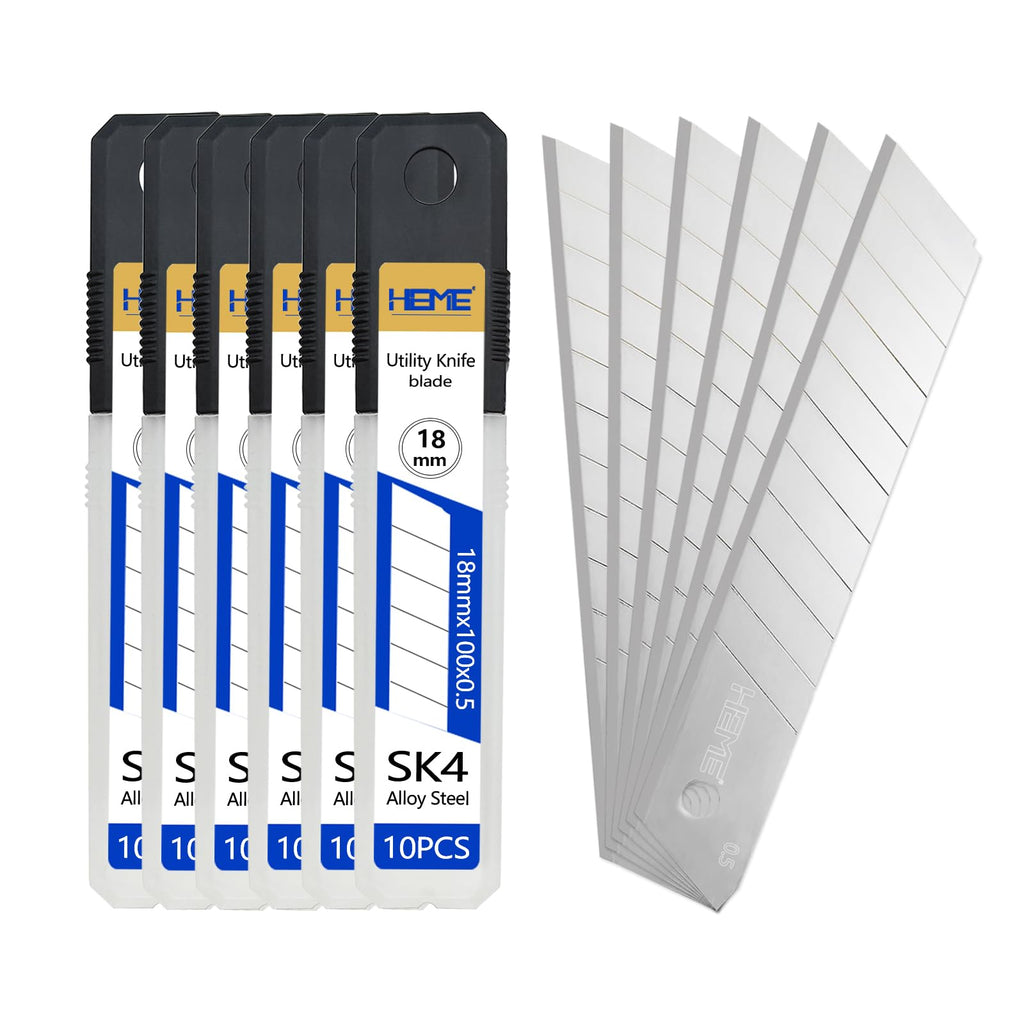 HIEMIE Tools 60Pcs 18mm Utility Knife Replacement Snap off Blades 60 Degree，Blades for Utility Knife and 18mm Box