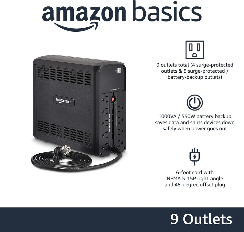 UPS Battery Backup & Surge Protector, 1000VA/550W, 9 Outlets, Line Interactive Uninterruptible Power Supply with AVR