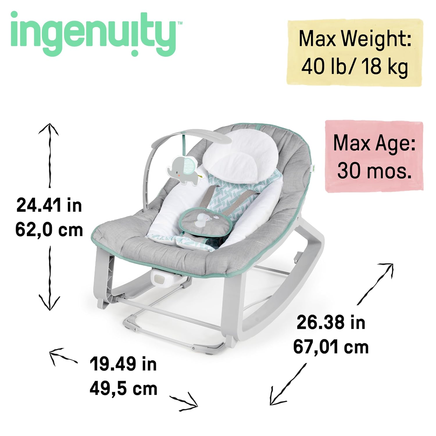 Keep Cozy 3-in-1 Grow with Me Vibrating Baby Bouncer, Seat & Infant to Toddler Rocker, Vibrations & -Toy Bar, 0-30