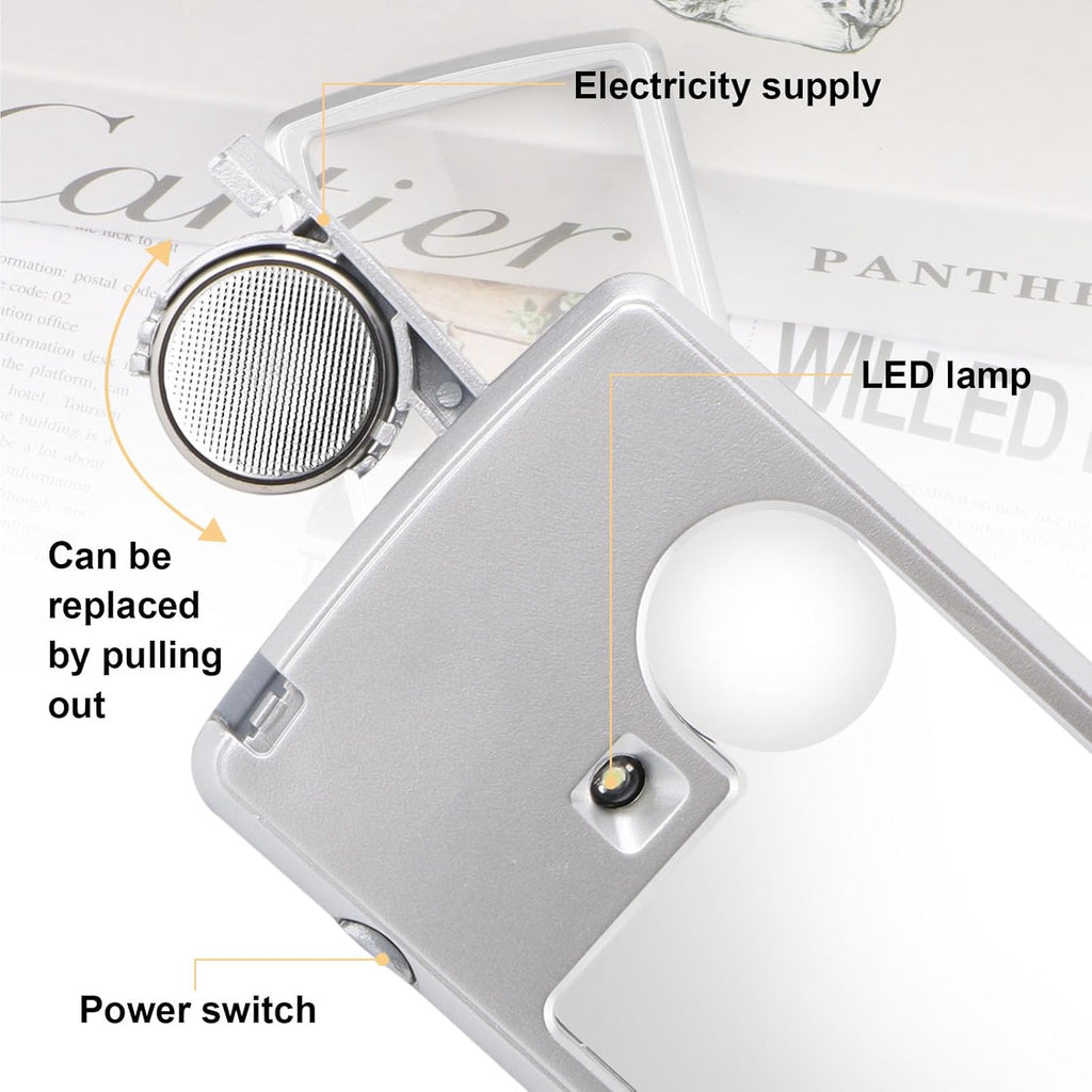 3X & 6X Pocket Magnifying Glass with Light, Card Sized Magnifier (1PCS) | Plastic, double lens card shape small