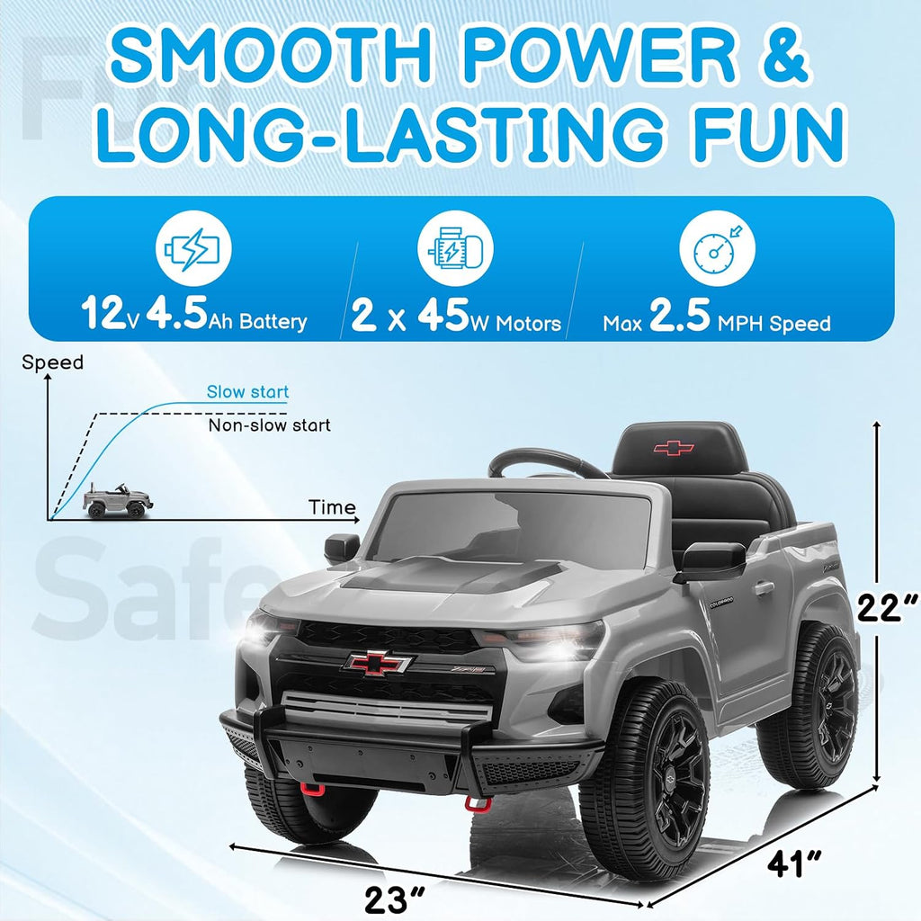 Licensed Chevrolet Colorado 12V Electric Car for Kids, Gray | Ride on Toys for Toddlers w/ Remote Control, Battery
