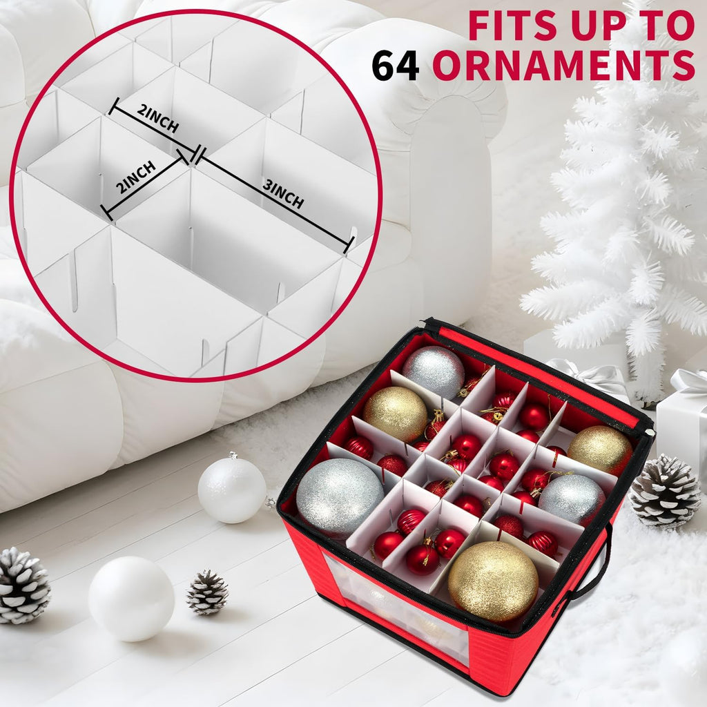 Christmas Ornament Storage Box With Adjustable Dividers,Ornament Storage Container with Two Handles for 64Holiday