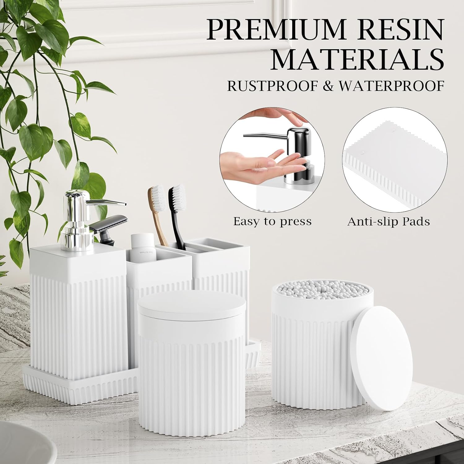 6-Piece White Bathroom Set - Modern Resin Bathroom Accessories Set with Soap Dispenser, Toothbrush Holder, Vanity