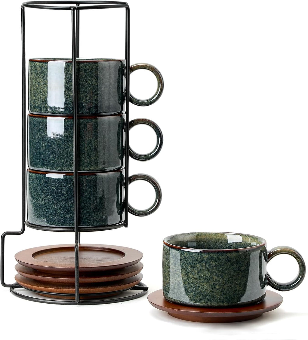 6 Ounce Porcelain Stackable Espresso Cups with Saucers and Metal Stand Set of 4, Ceramic Cappuccino Cups Set for
