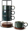 6 Ounce Porcelain Stackable Espresso Cups with Saucers and Metal Stand Set of 4, Ceramic Cappuccino Cups Set for