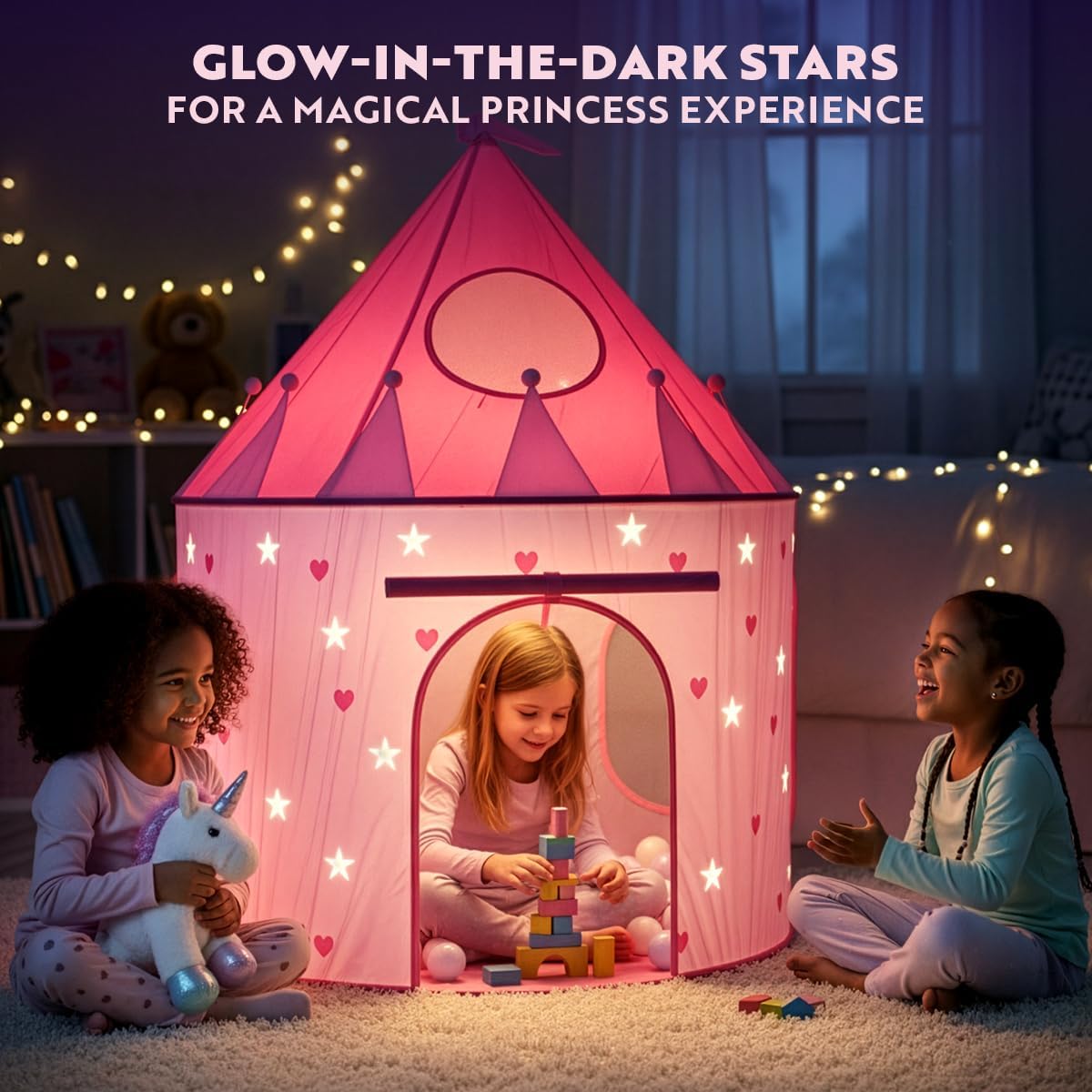 Princess Castle Pop Up Tent & Dress Up Set – Kids Pink Playhouse Tent for Girls with Glow in The Dark Stars, Foldable
