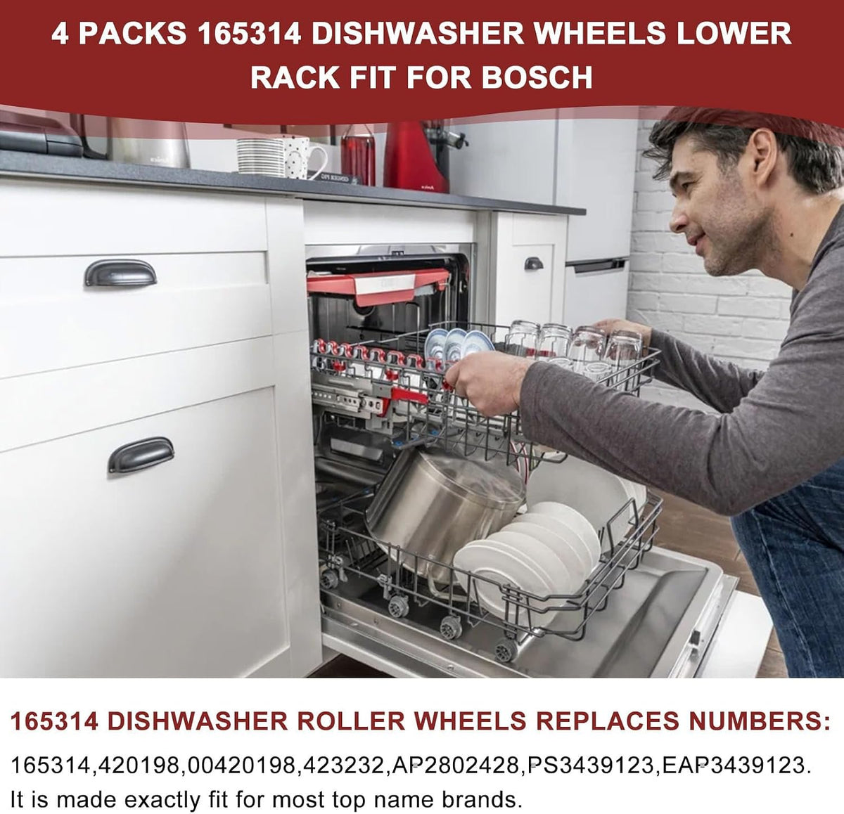 8 Packs 165314 Dishwasher Wheels Lower Rack Fit for Bo-sch Ken-more