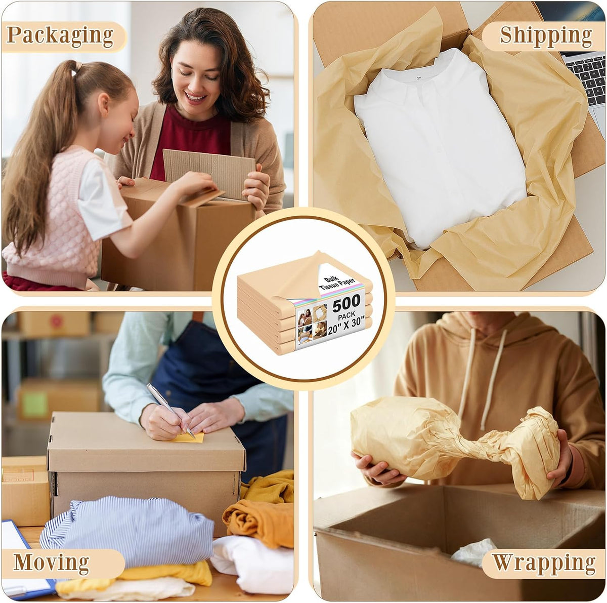 500 Sheets Kraft Tissue Paper Bulk 20 x 30 Inch for Wrapping Packaging