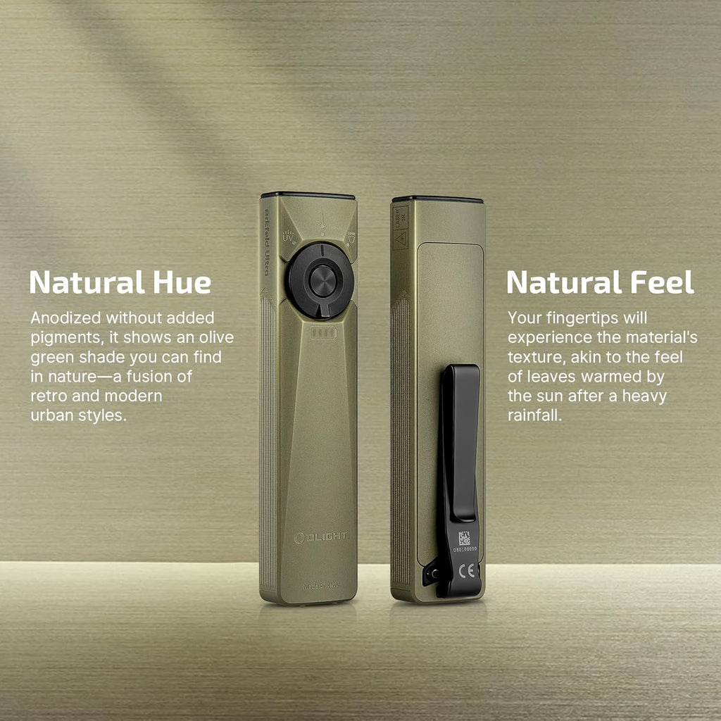 Arkfeld Ultra EDC Flat Flashlight Rechargeable, OAL, Olive-Green CW | Green Beam,UV Light, White LED, 1400 Lumens
