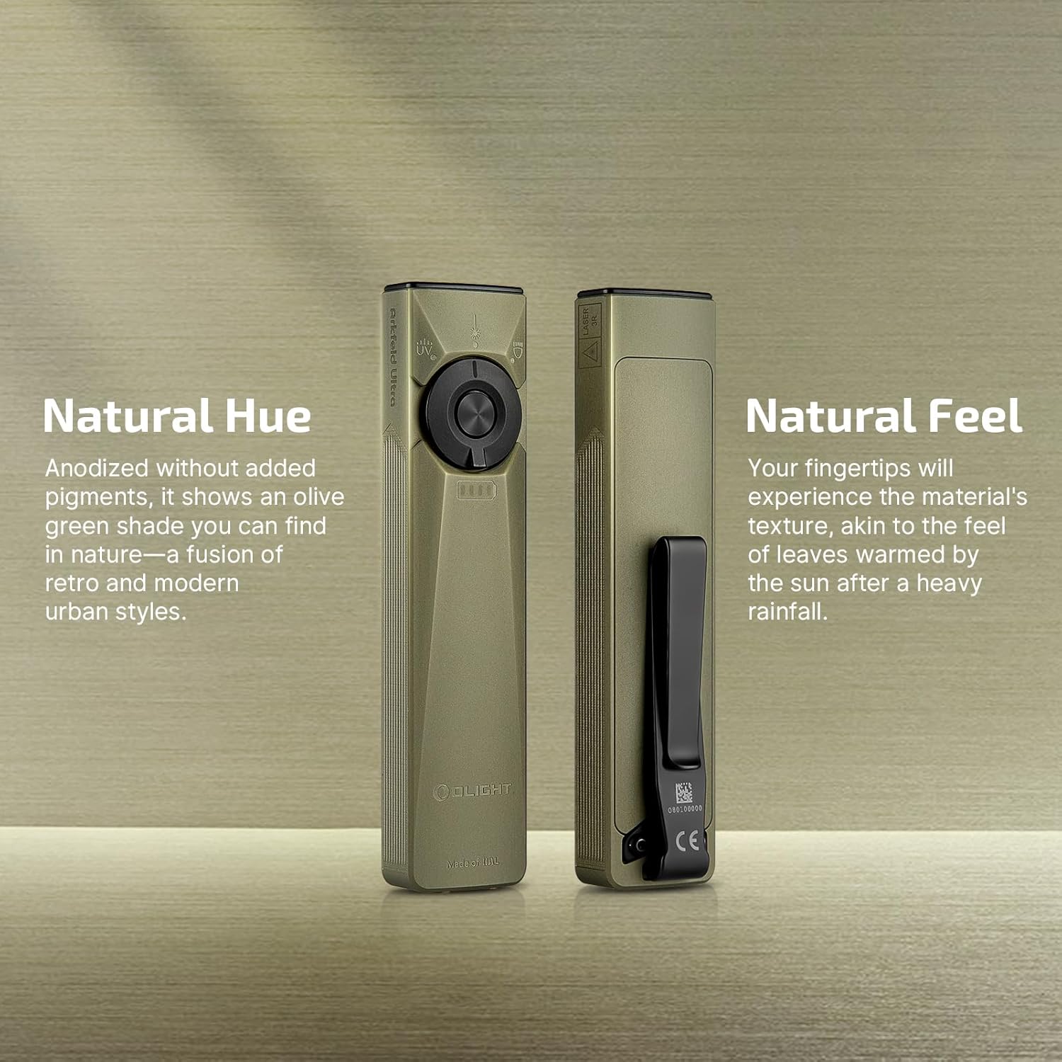 Arkfeld Ultra EDC Flat Flashlight Rechargeable, OAL, Olive-Green CW | Green Beam,UV Light, White LED, 1400 Lumens