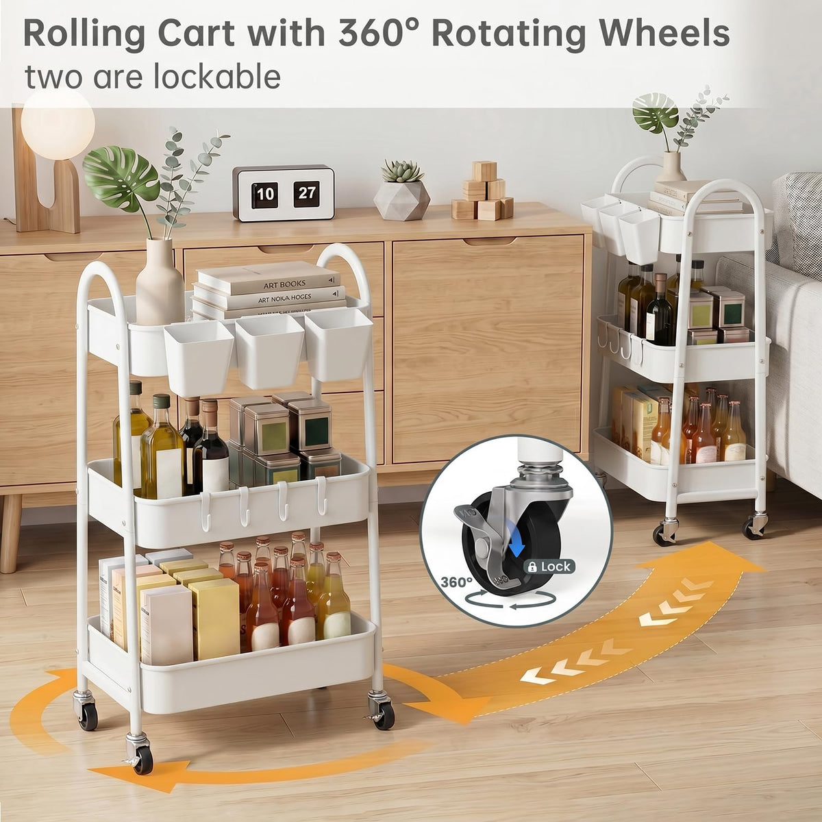 3-Tier Rolling Cart, Metal Storage Cart with Lockable Wheels
