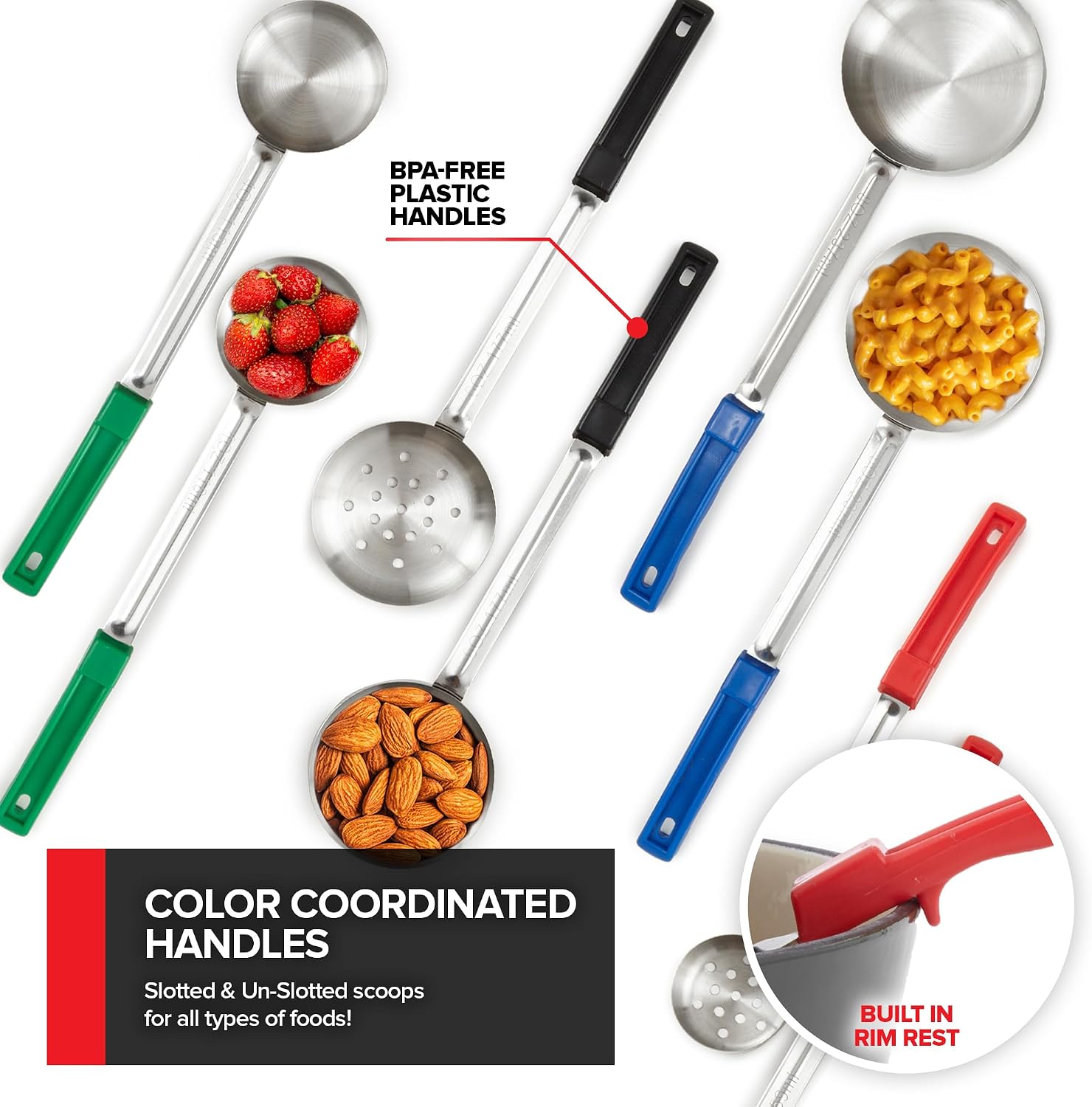 Portion Control Serving Spoons (Set of 8), Slotted & Unslotted Portion Scoops for Food, Heavy Duty Stainless Steel