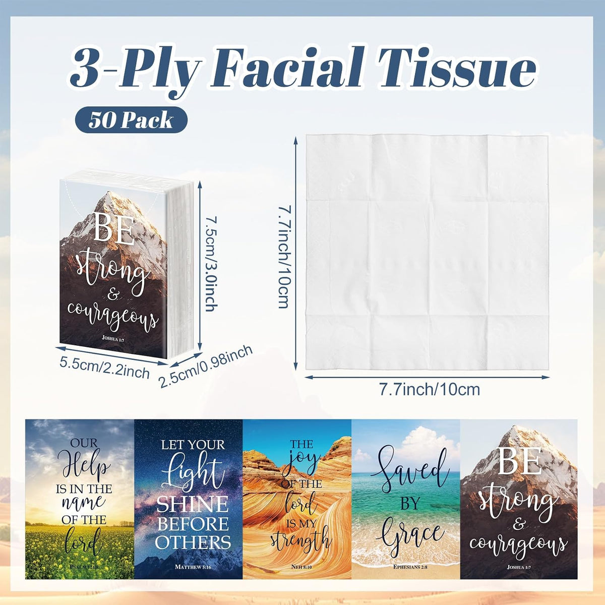 50 Pack Christian Pocket Tissues with Inspirational Words Individual