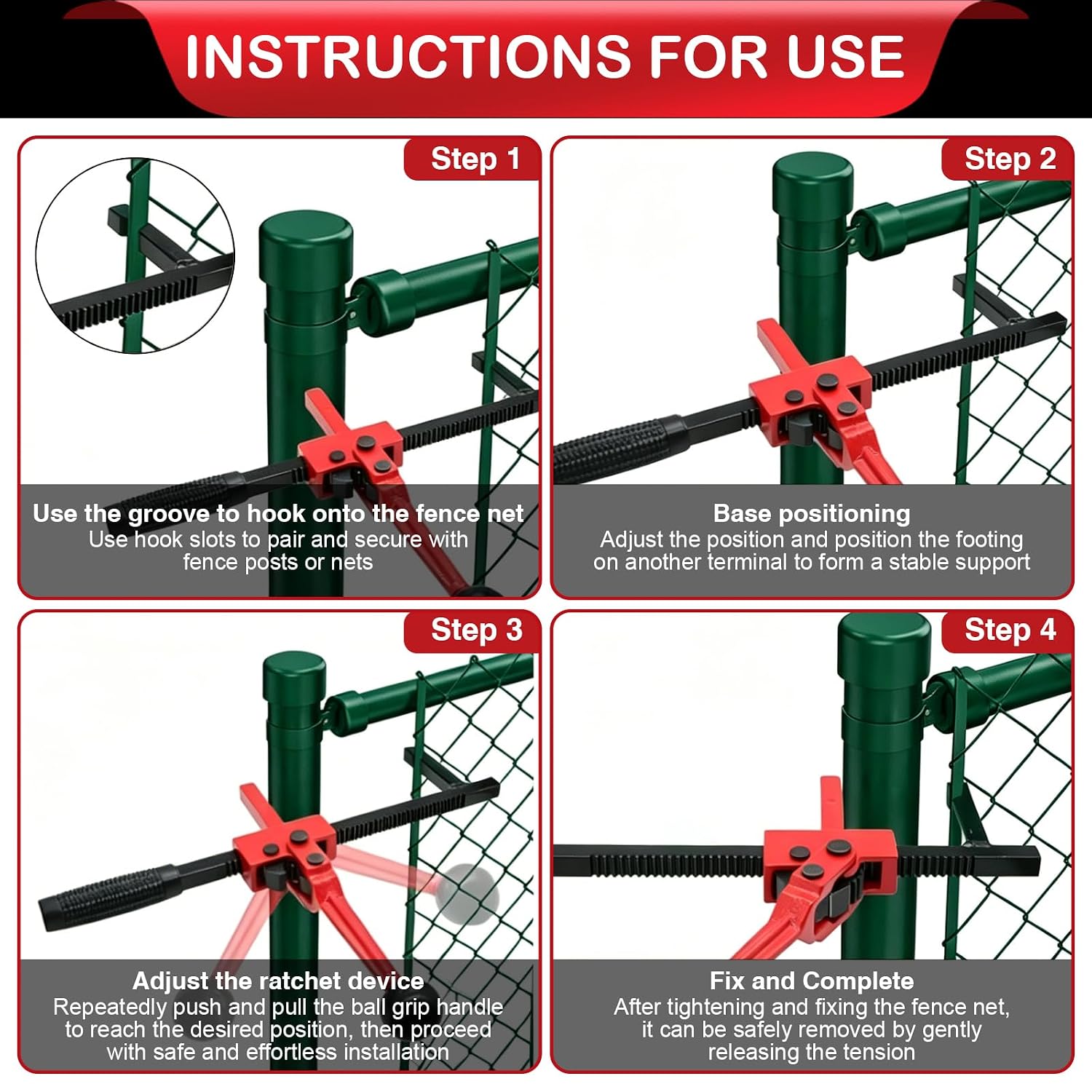 Chain Link Fence Stretcher Tool,15.8'' Metal Ratchet Wire Mesh Fence Tightener and Puller with Grooves,9'' Tension