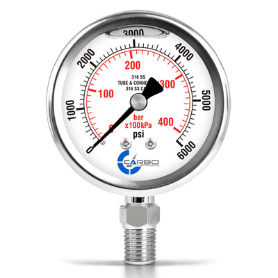 Carbo 6000 PSI Liquid Filled Pressure Gauge with NIST Traceable Certificate, Calibrated in USA Lab, 2.5" Dial, 1/4 NPT Lower Mount, ASME Grade A, 316 SS Case, 316 SS Wetted Parts, PSI/Bar