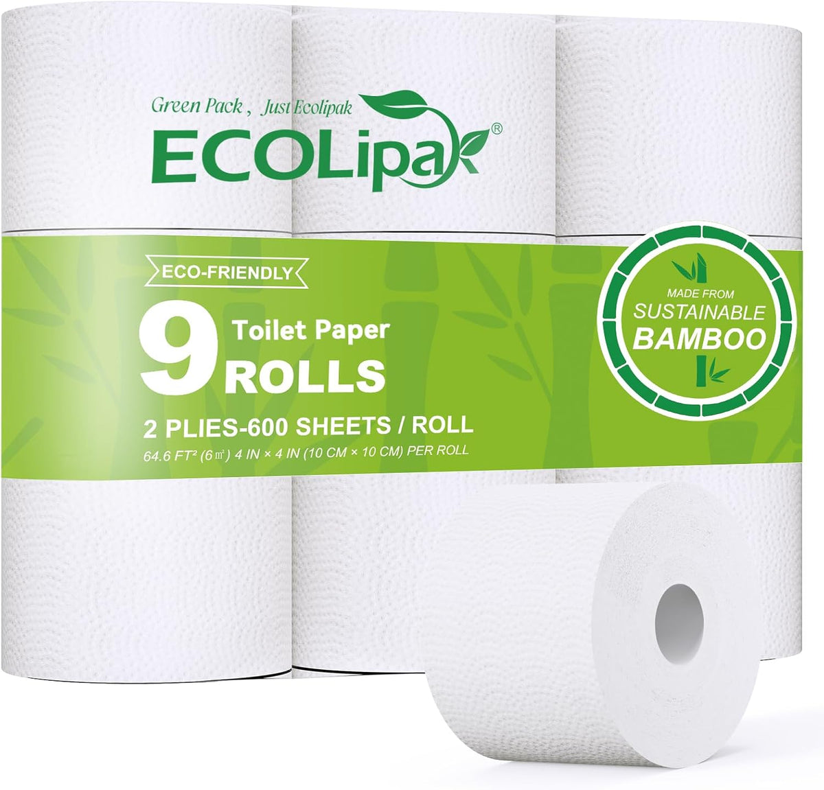 Bamboo Toilet Paper 2 Ply, 9 Mega Rolls, 600 Sheets, White