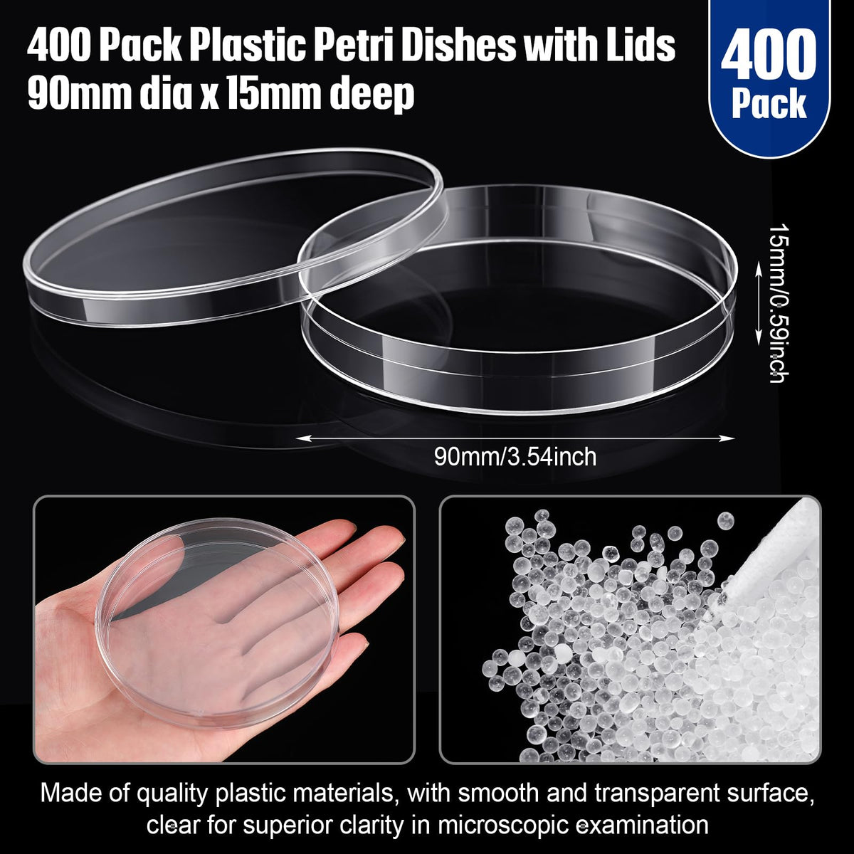 400 Pcs Petri Dishes with Lids Bulk Sterile Plastic, 90mm X 15mm