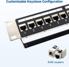 10Gbps 1U 24-Port Cat6A Ethernet Patch Panel | 19-Inch, Inline Keystone, Cable Management Bar, Rackmount or Wall