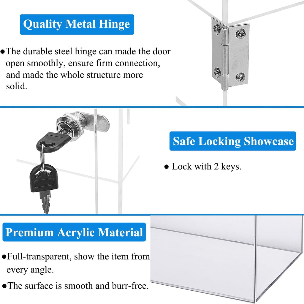 Acrylic Display Case with Lock, Collectibles Showcase Clear | Countertop Locking Display Cabinet with Shelves and
