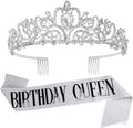 Tiara for Women Silver, Happy Birthday Queen Tiara, Crown for Girls with Birthday Girl Sash, Crowns for Women with