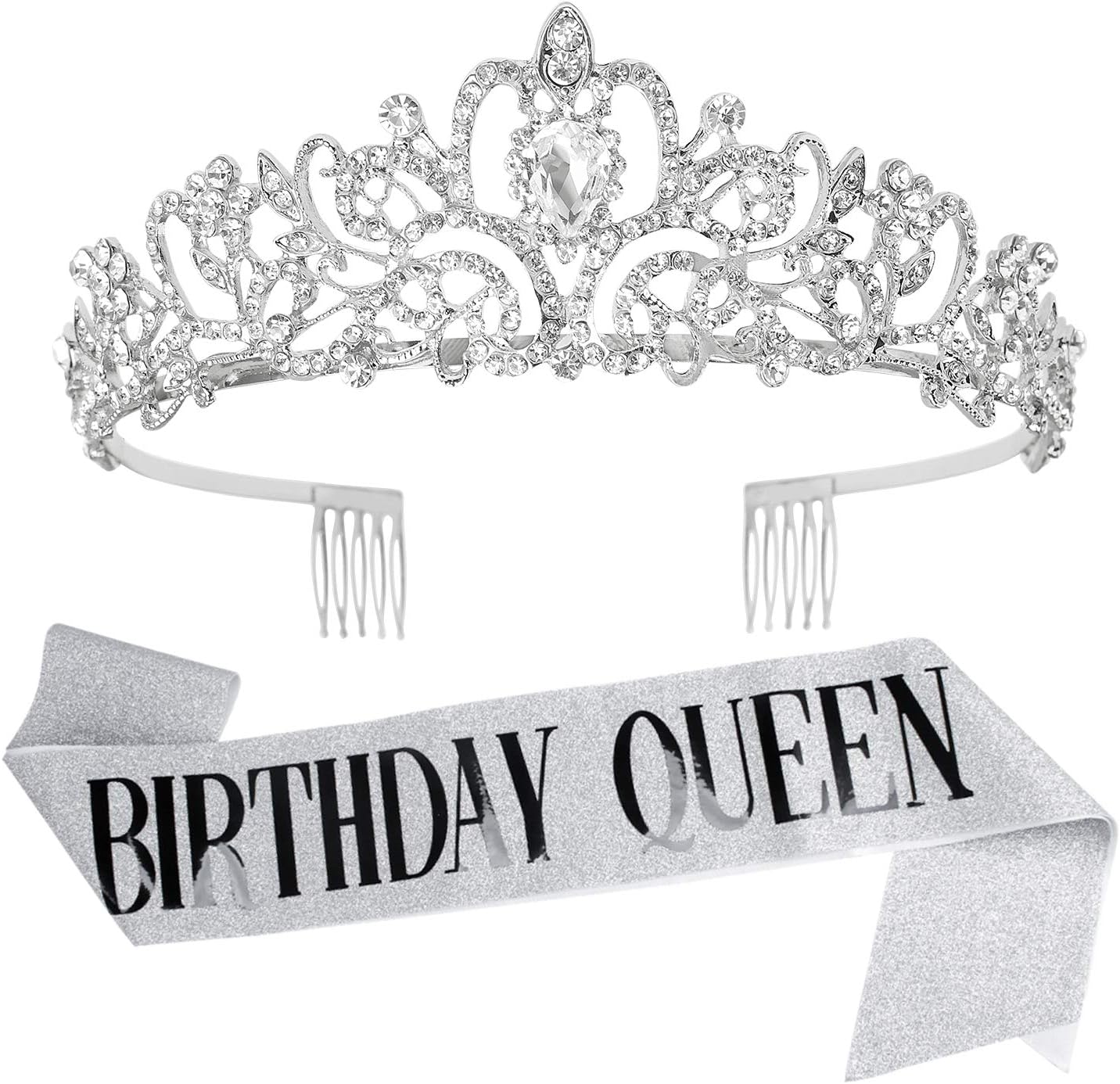 Tiara for Women Silver, Happy Birthday Queen Tiara, Crown for Girls with Birthday Girl Sash, Crowns for Women with