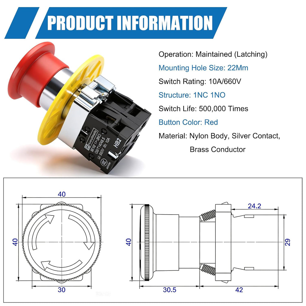 mxuteuk 1NC 1NO 22mm Emergency Stop Push Button Switch Red Mushroom AC 660V 10A HB2-BS545