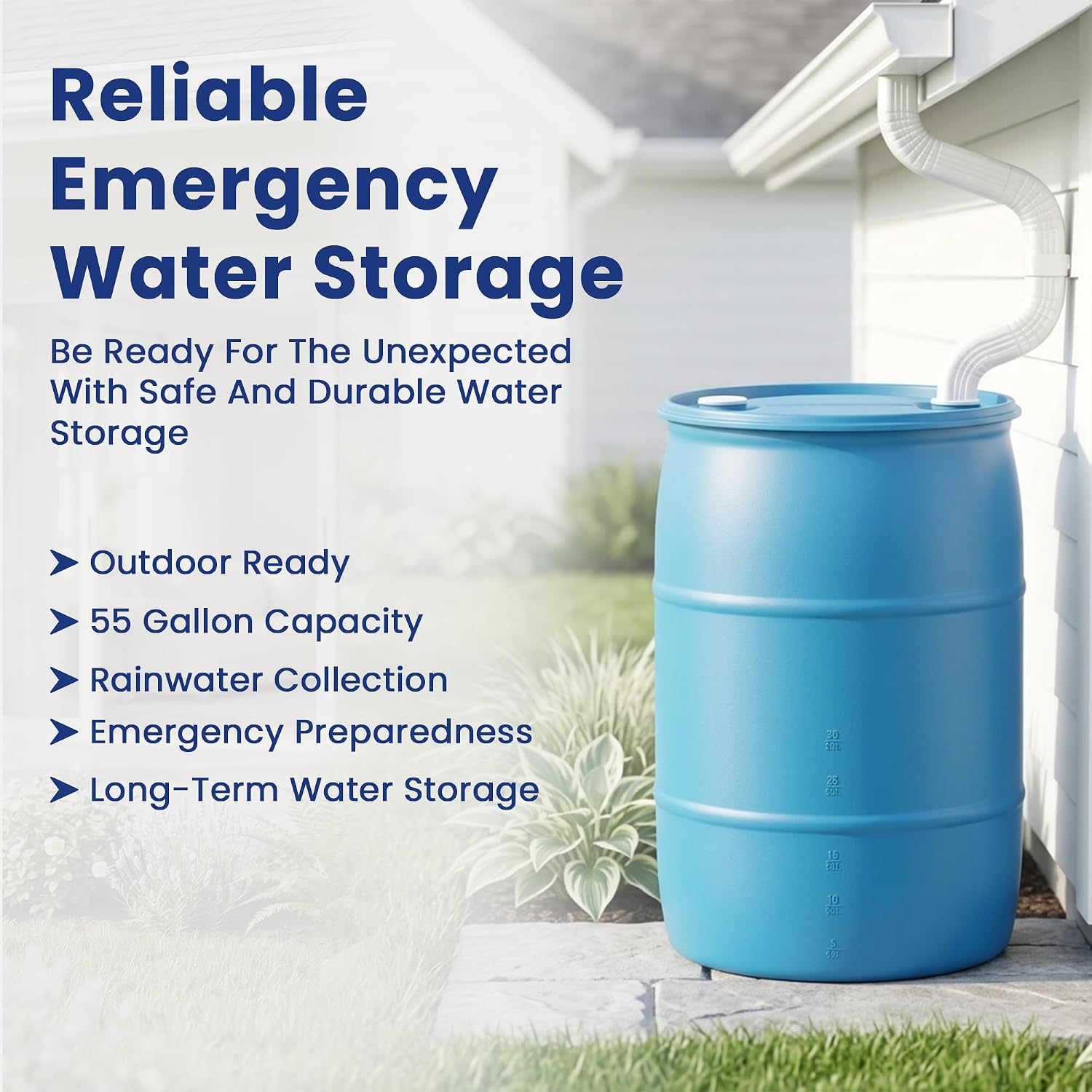 55 Gallon Water Storage Barrel, BPA Free, Emergency Water Supply - Eco Friendly - Made in USA (WHITE)