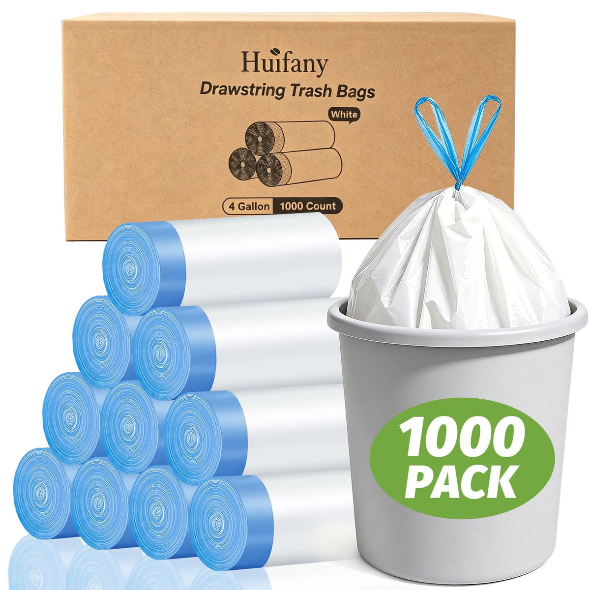 4 Gallon 1000 Count Drawstring White Unscented Trash Bags Small