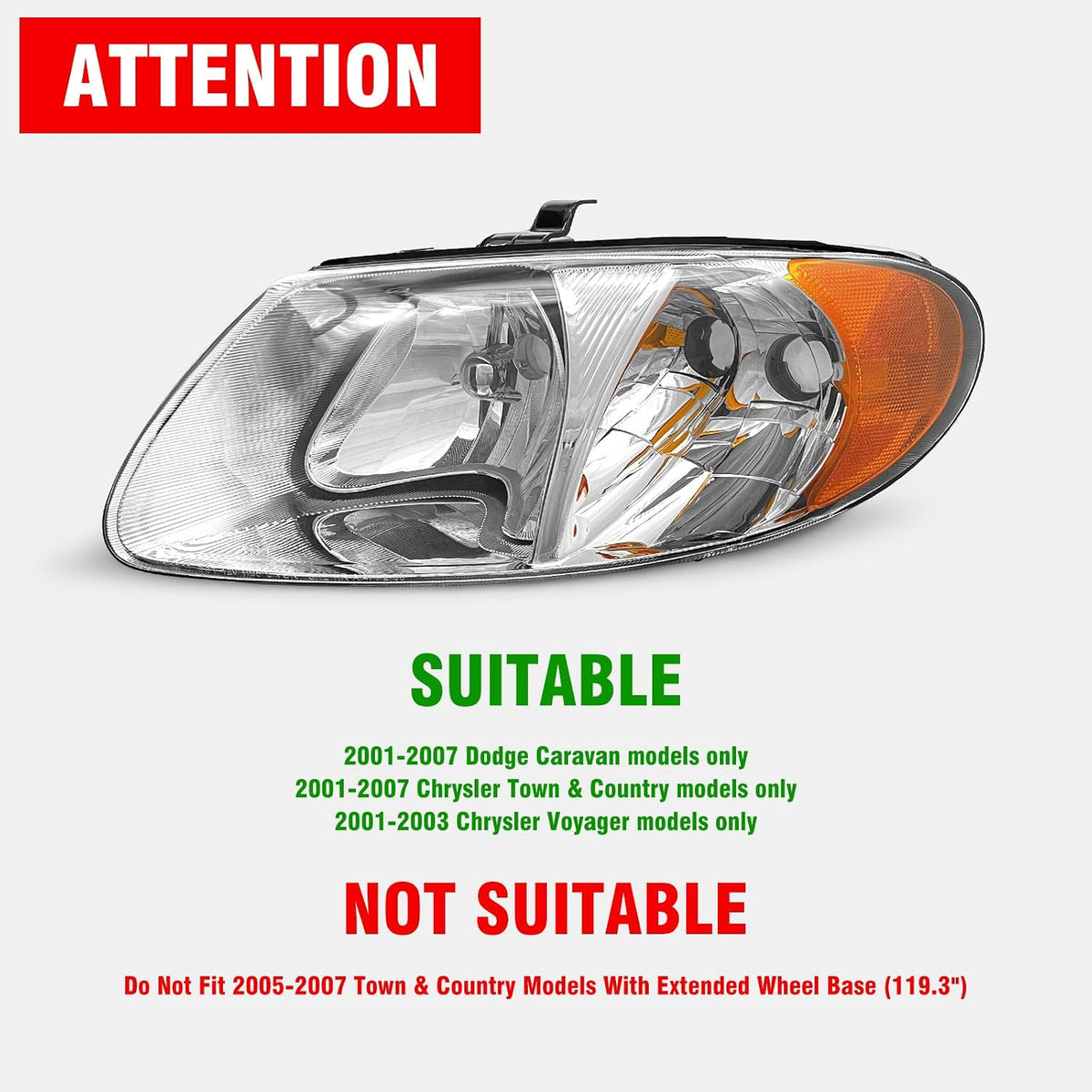for 2001-2007 Dodge Caravan Halogen Headlight W/O Bulbs