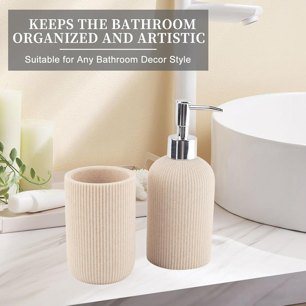 Beige Bathroom Accessories Set Include Soap Dispenser and Toothbrush Holder | Modern Stripe Design, Resin Bathroom
