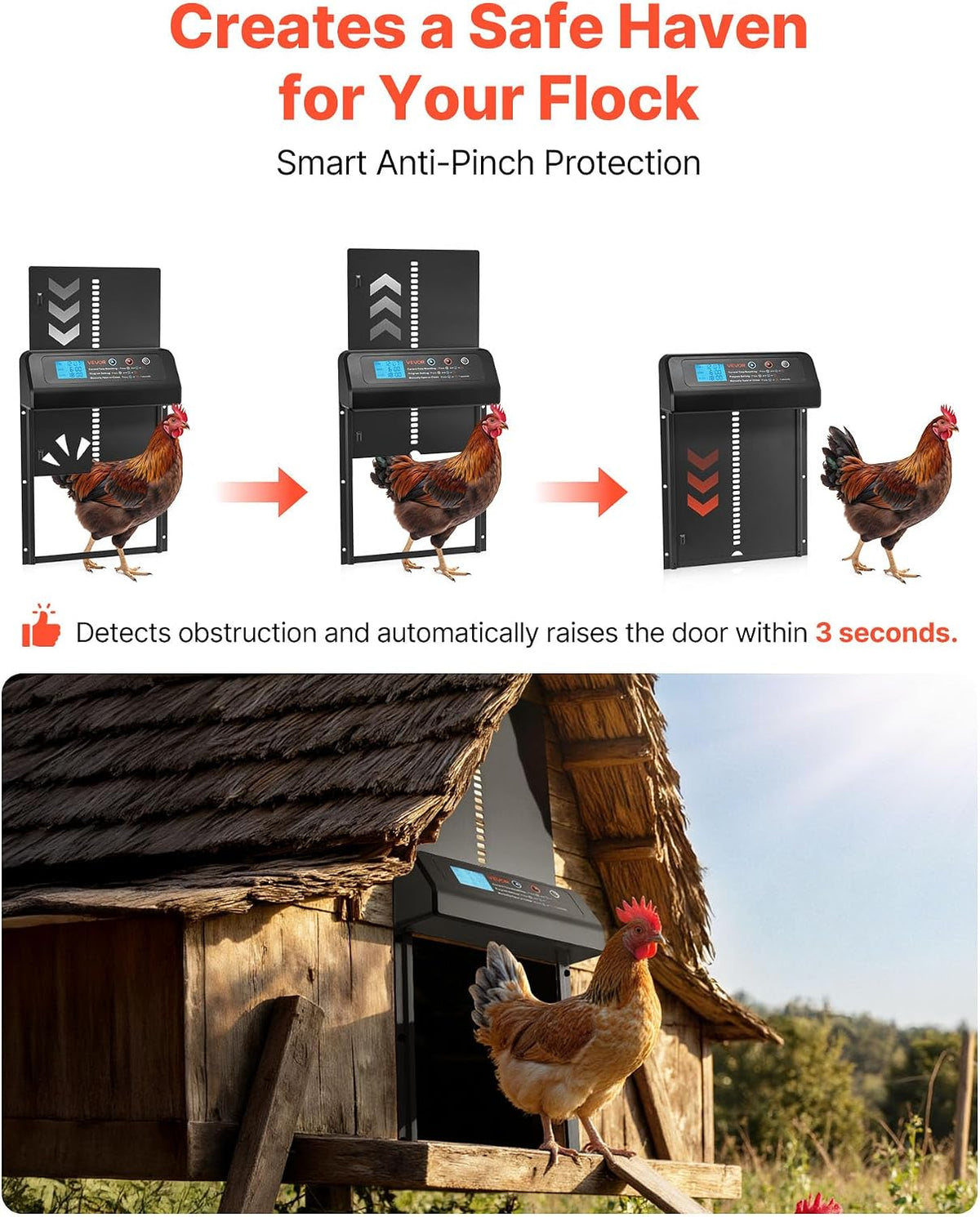 Automatic Chicken Coop Door, Battery Powered Chicken Coop Door with Timer & Manual Setting, Anti-Pinch Security