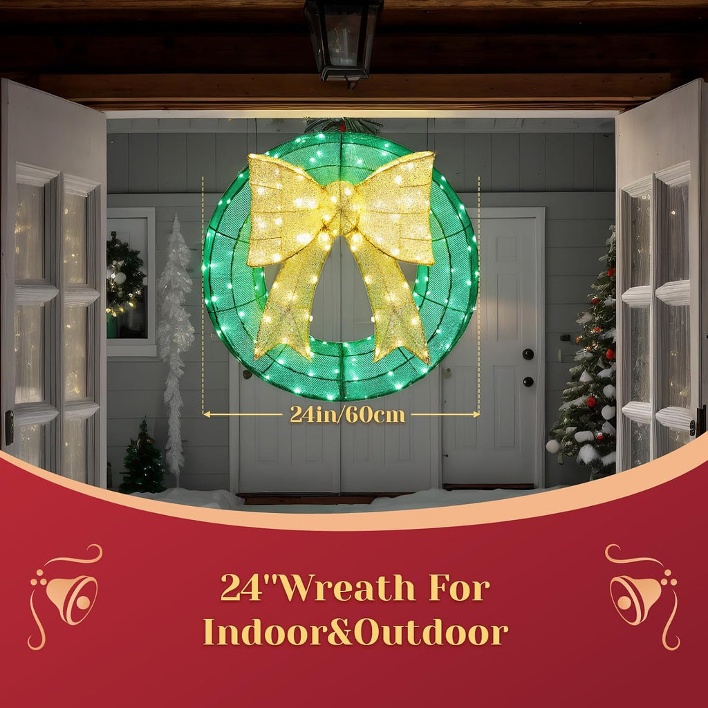 24in Pre Lit Christmas Wreath for Front Door Mantel & Stair Railing with Lights Indoor Outdoor Doorway Decor