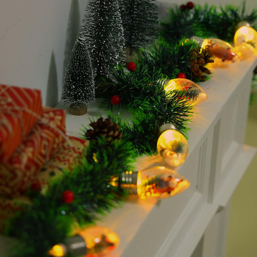 Christmas Garland with Lights, 8.2 FT Battery Operated Powerd 12 LED Bulb Lights Pine Cones Red Berry Decorations