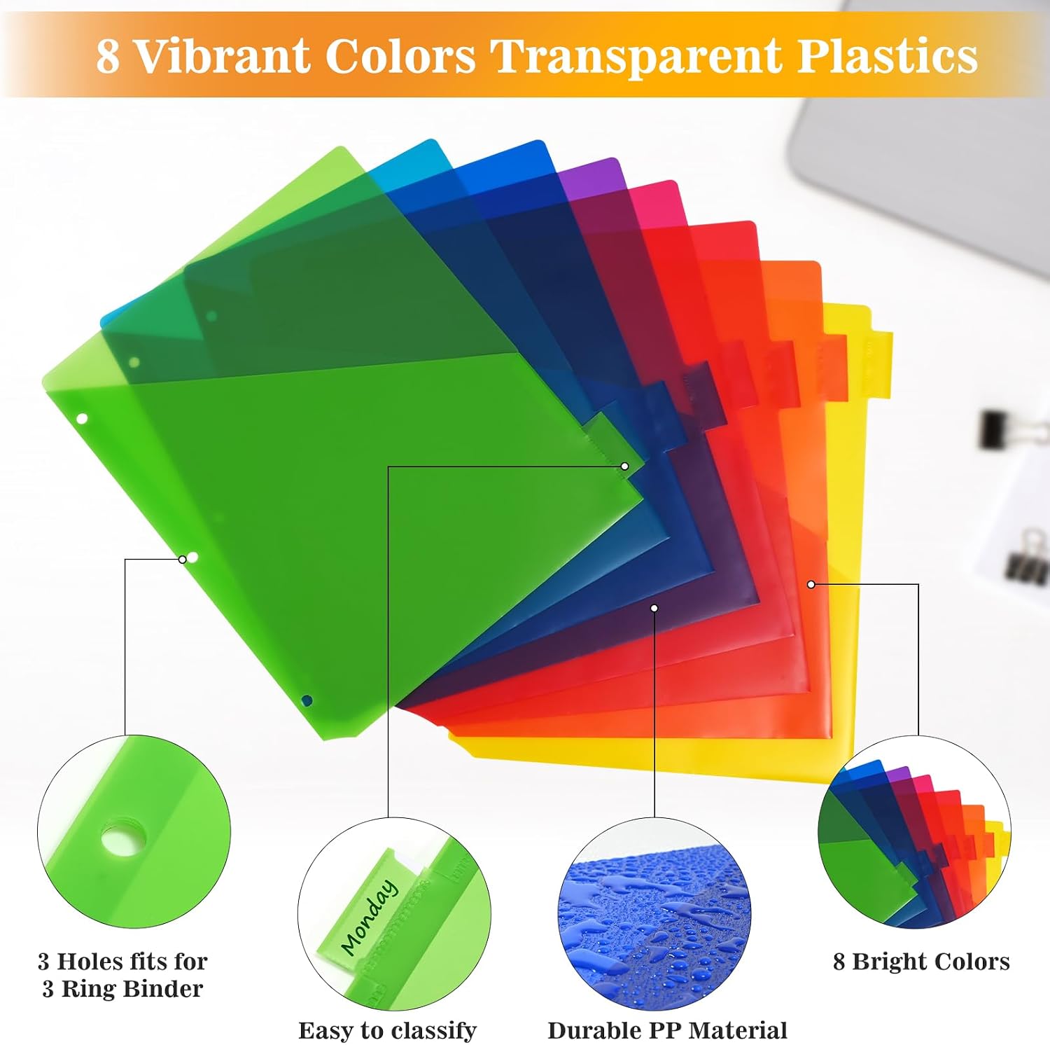 8-Tab Dividers for 3 Ring Binder, 24 Count Binder Dividers with Pockets, Subject Dividers, 3-Hole Plastics Sheets