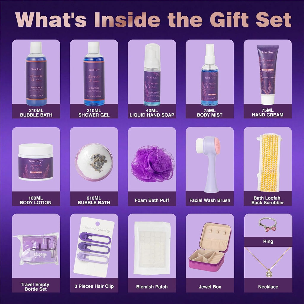 Mothers Day Gifts for Women, 25Pcs Lavender Bath and Body Gift Basket, Facial Skin Care Set, Spa Kit, Self-Care Set