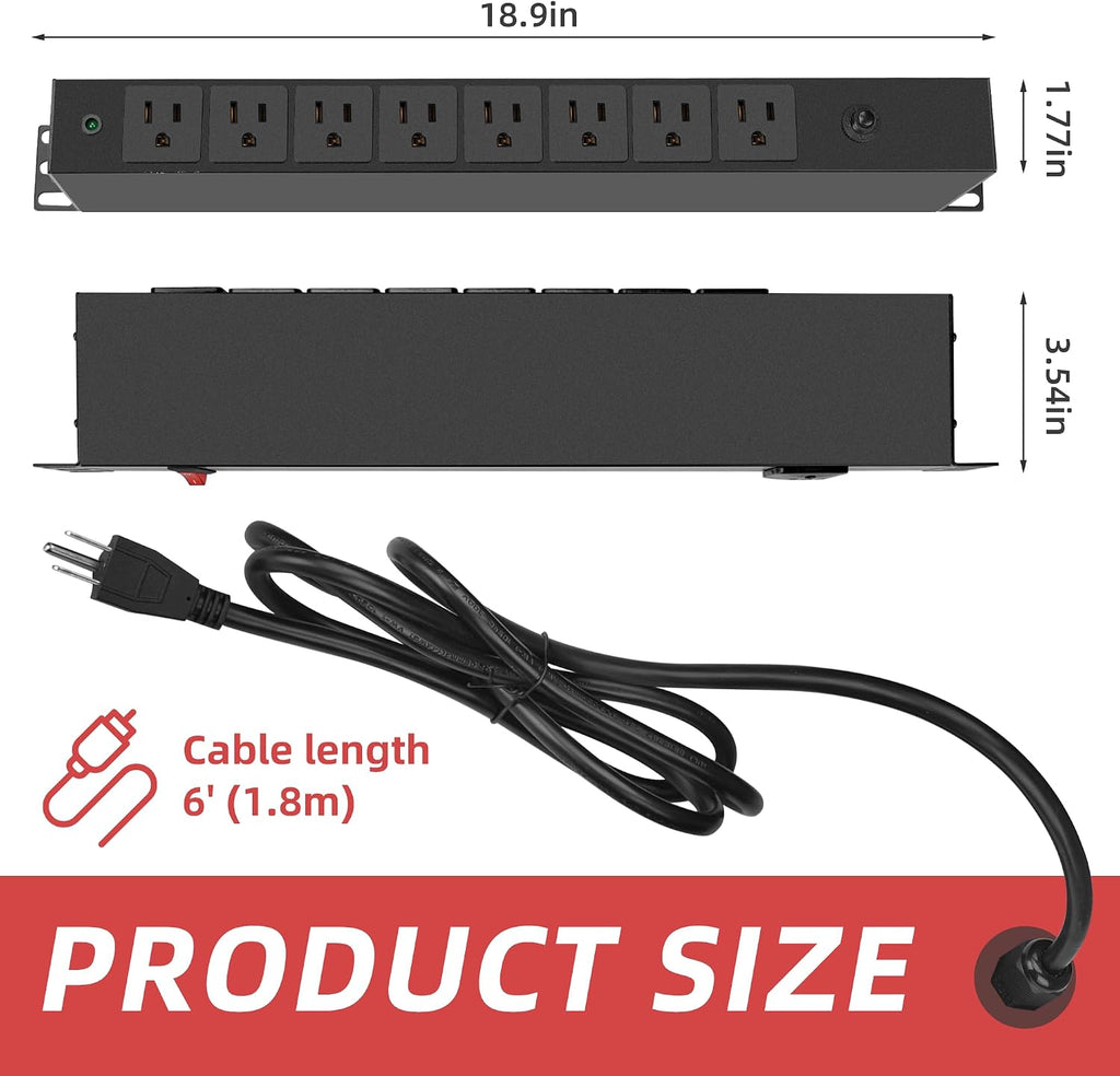 8 Outlet PDU Rack Mount Power Strip with Surge Protector, 1U Rackmount,Wide-Spaced Sockets, for Network Server Racks