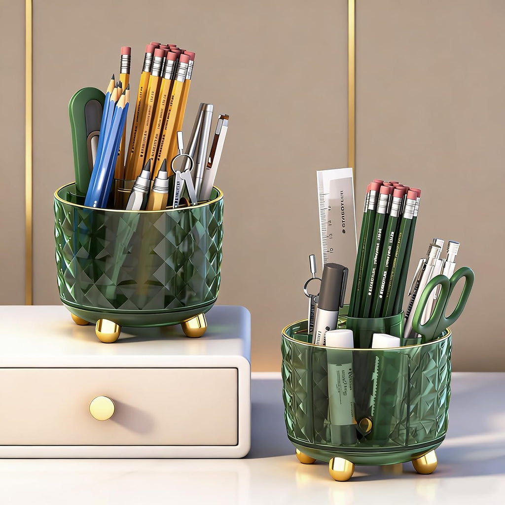 Dark Green Pen Pencil Holder for Desk, 360° Rotating Pen Organizer, Green Office Supplies, Cute Pen Holder