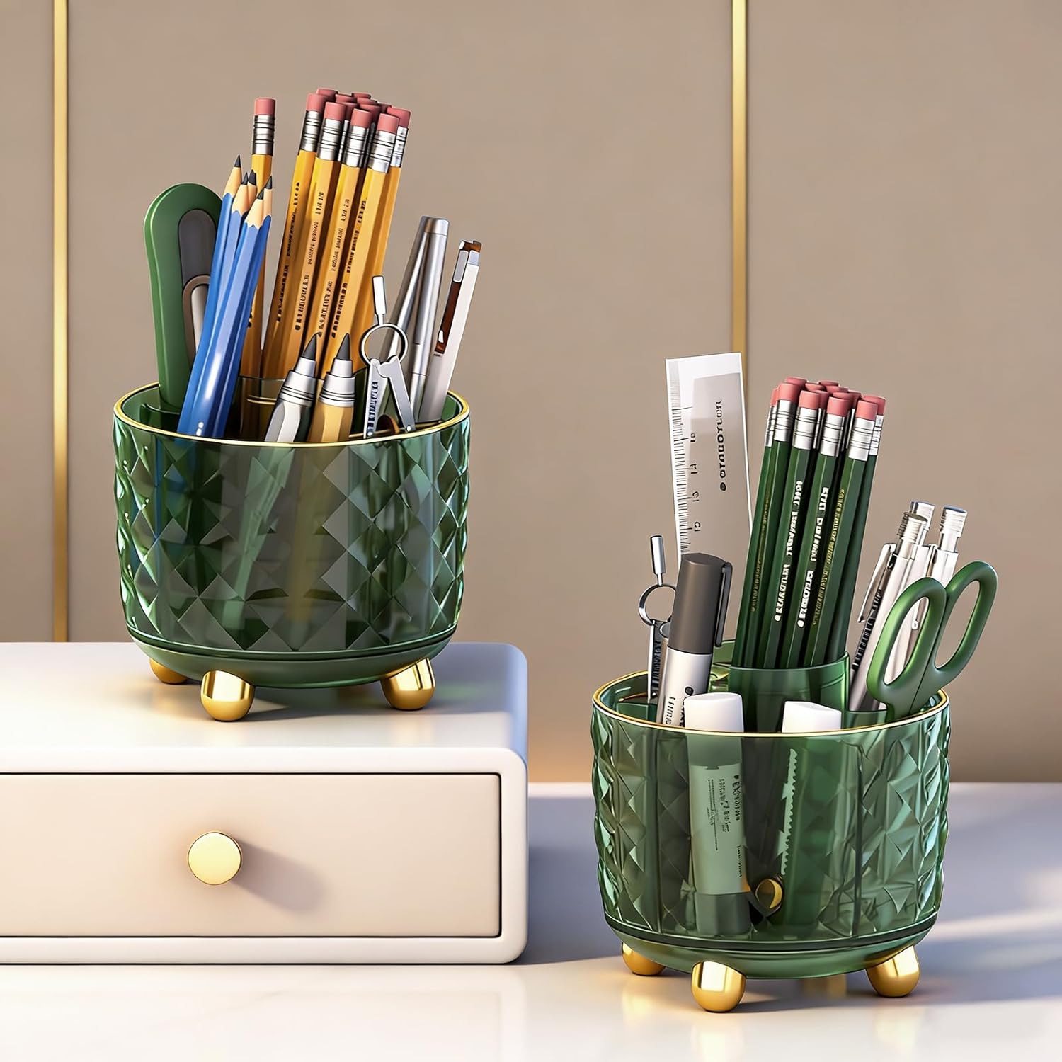 Dark Green Pen Pencil Holder for Desk, 360° Rotating Pen Organizer, Green Office Supplies, Cute Pen Holder